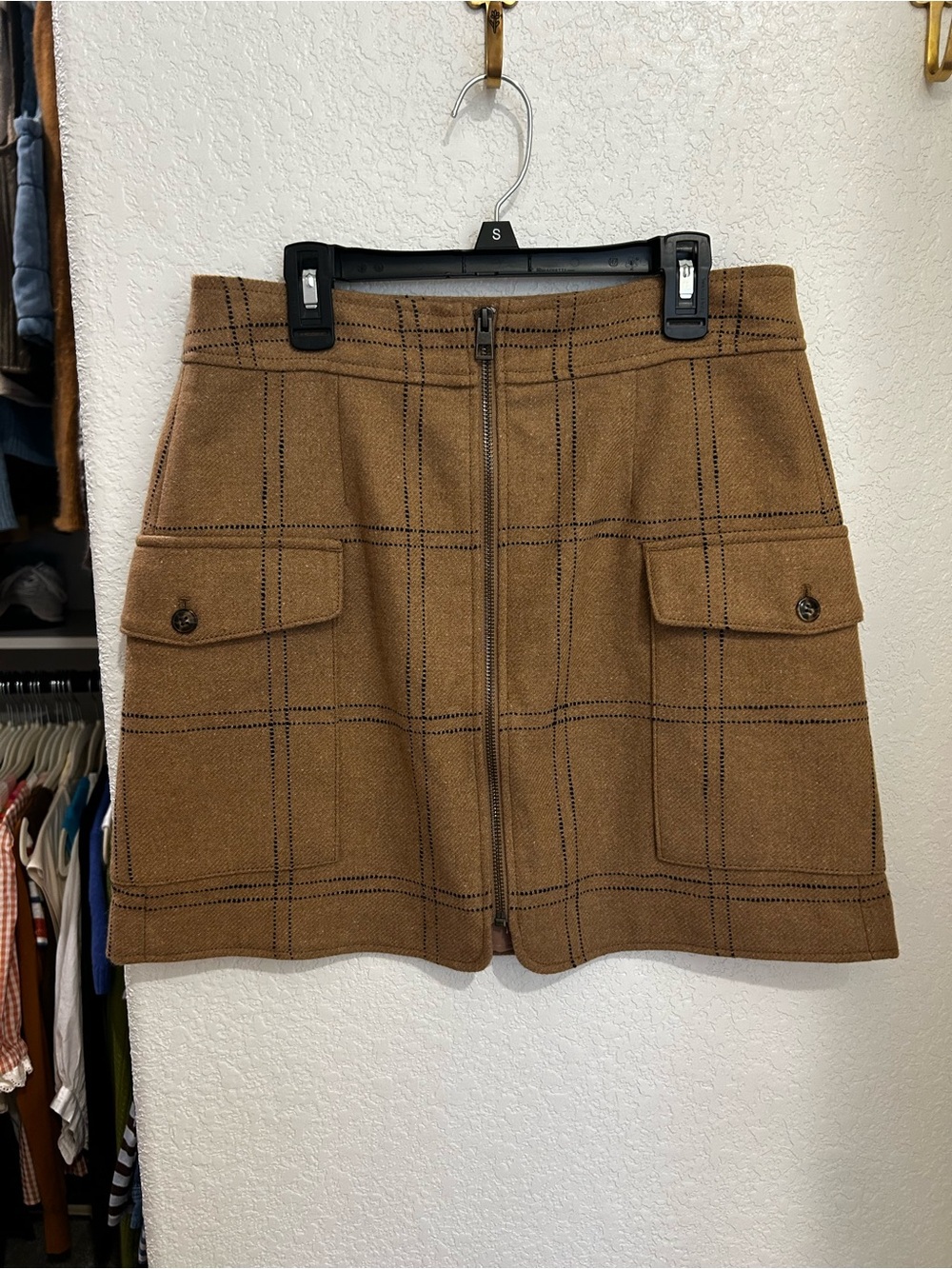 Madewell Wool-Blend Tan Plaid Front-Zip Skirt